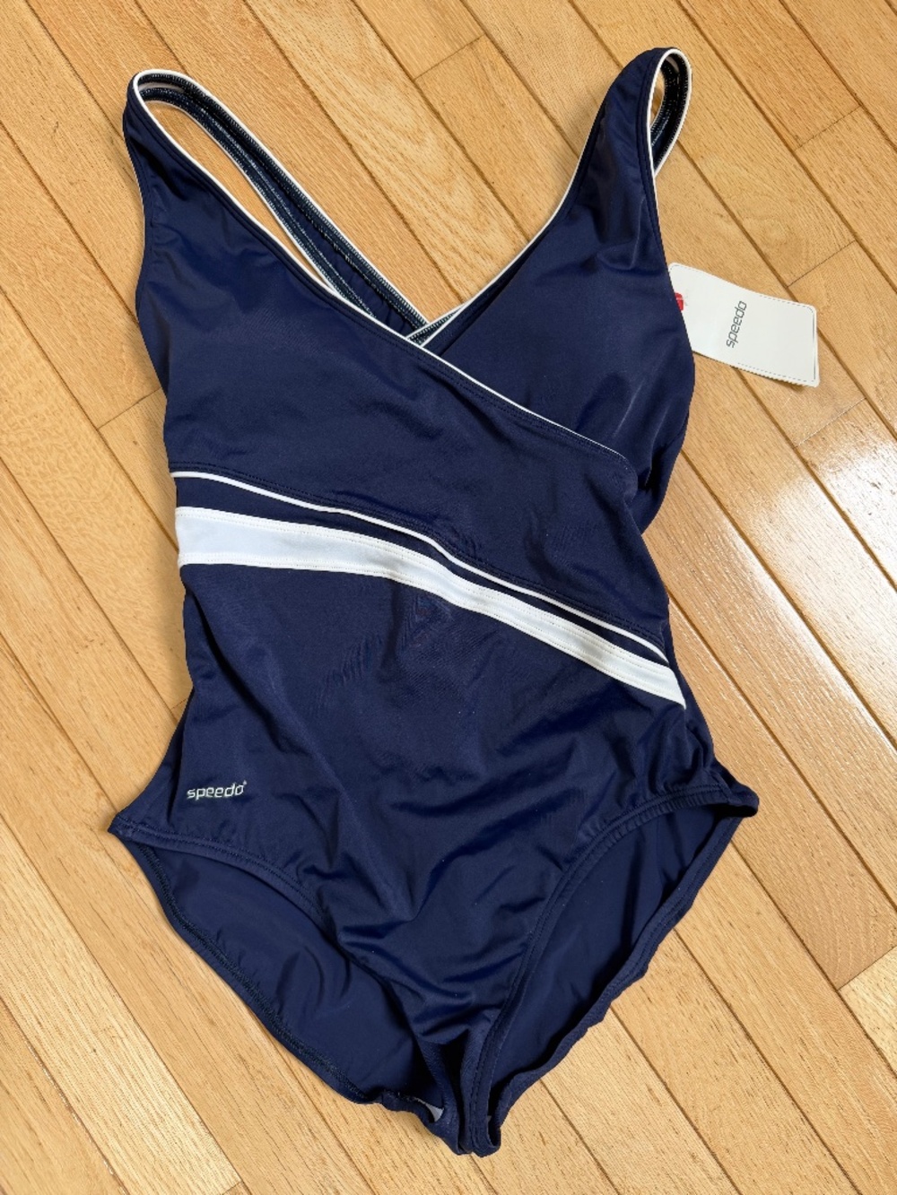 Speedo Navy Blue Striped V-Neck One-Piece Swimsuit Size 10 NWT